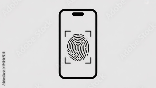 A black and white vector illustration of a smartphone scanning a fingerprint on its screen