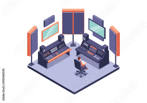 Modern recording studio setup with dual control desks and acoustic treatment