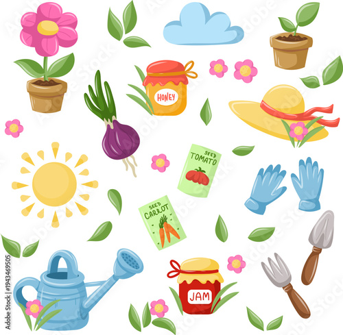 Gardening tools and spring elements vector set with watering can, seeds and flowers.