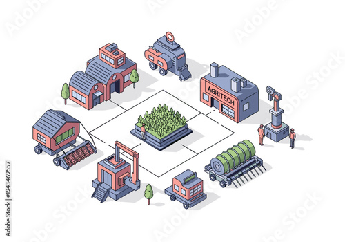 Modern agricultural technology and farming automation systems in isometric view