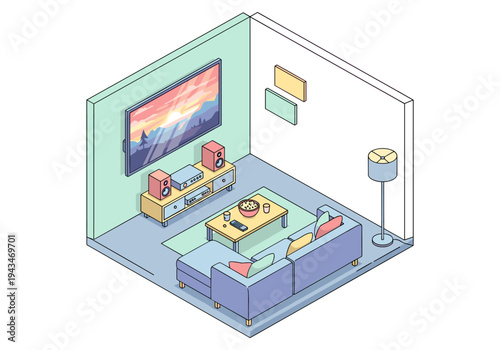 Cozy isometric living room with entertainment center and sectional sofa
