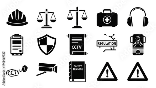 Vector icon sheet depicting various security and safety symbols and objects