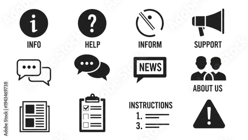 Vector icon sheet of support and information symbols with help and news icons
