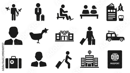 Vector Icon Sheet of Travel and Tourism Related Symbols and Objects