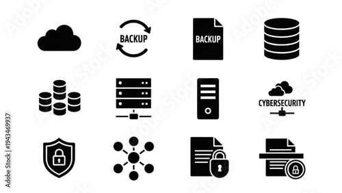 Vector icon sheet depicts cybersecurity symbols and technology icons.