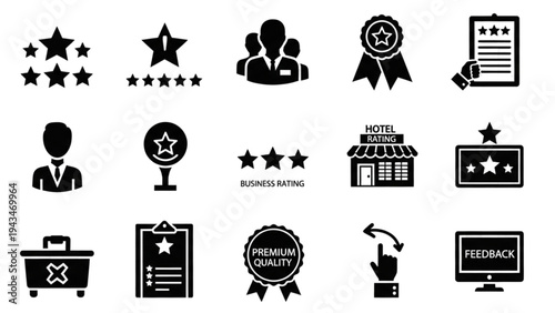 Vector Icon Sheet Featuring Rating Symbols and Business Icons