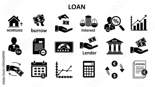 Vector icon sheet illustrating loan concepts with mortgage, borrow, interest, lender, and finance