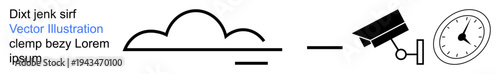 Cybersecurity, cloud storage, surveillance, internet privacy, data tracking, time management. A cloud, surveillance camera and clock digital security. Cybersecurity and cloud storage concept