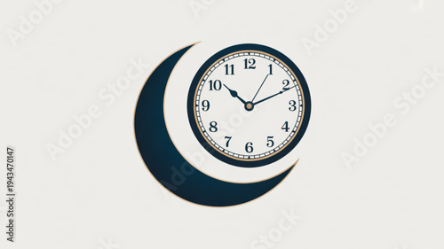 Vector illustration depicts a clock on a crescent moon at night