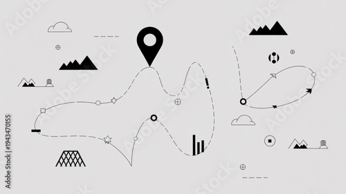 A vector illustration set featuring a map with various geographic and navigation icons scattered around it.