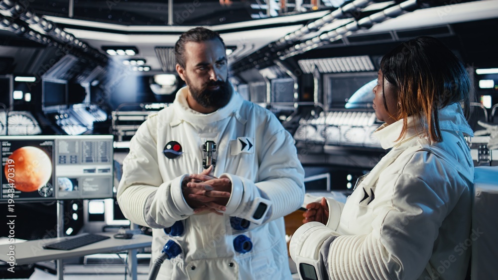Fototapeta premium Astronauts discussing last details stepping out for scheduled operations outside starship exploring deep space. Cosmonauts chatting, preparing for mission launch after landing on planet