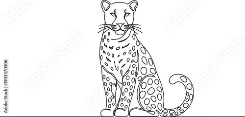 Black line of a sitting leopard with spotted fur black and white line spotted fur sitting animal whiskers