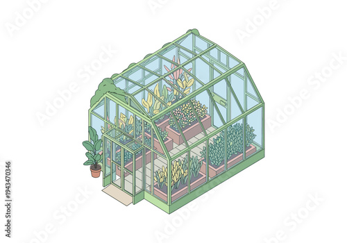 Isometric greenhouse filled with various plants and flowers, a cozy botanical sanctuary