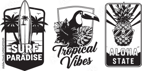 Three black silhouette emblems: surfing paradise with palm trees, tropical vibes with toucan and flowers, and Aloha State with pineapple and sunglasses.