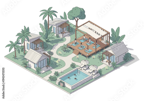 Isometric illustration of a serene resort with yoga class and swimming pool