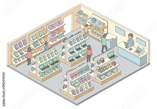Isometric view of a modern electronics store interior with customers and staff