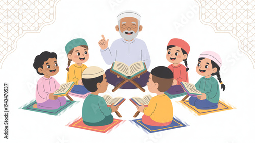An elderly man teaches children sitting on colorful mats holding books in a classroom setting.