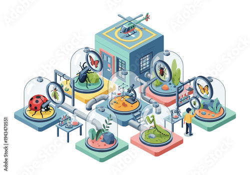 Isometric illustration of a futuristic entomology laboratory with insects under observation