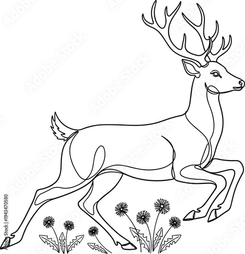 Deer running through flowers in black outline reindeer antlers jumping