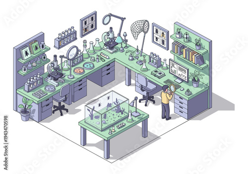 Entomology lab with scientist studying insects under microscope and in terrarium