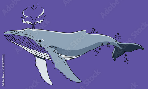 Gray whale swimming with bubbles on purple background