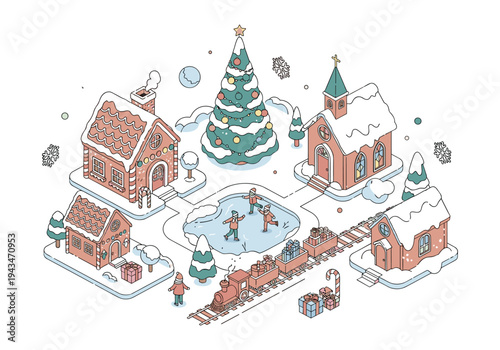 Charming isometric winter village scene with a Christmas tree and festive train delivering gifts