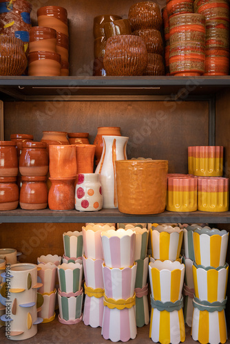 Variety of plant pots at garden shop in spring.