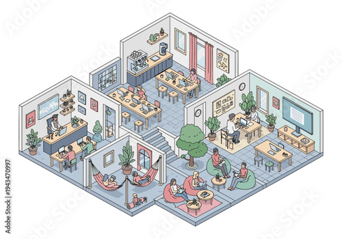 Isometric view of a modern co-working space with people working and relaxing