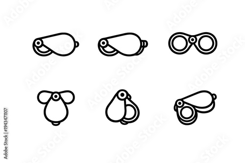 A collection of six minimalist line icons depicting a folding jewelry loupe in various positions, from fully closed to fully open, presented on a plain white background.