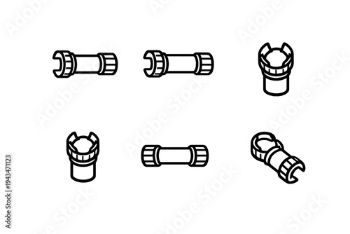 This technical drawing displays six distinct perspectives of a mechanical part using white line art on a black background. It includes top, side, and isometric views.