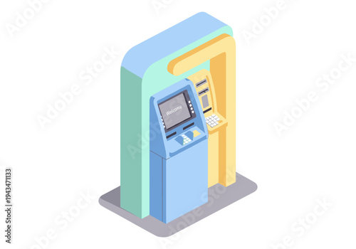 Modern isometric illustration of two ATMs side by side with a welcome screen on one