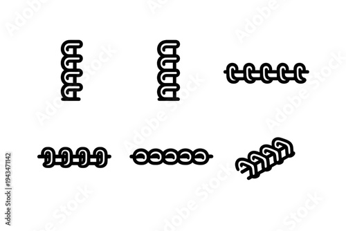This image features six white line art illustrations of mechanical components and fasteners on a solid black background. Each object displays a unique cylindrical shape and technical structure.