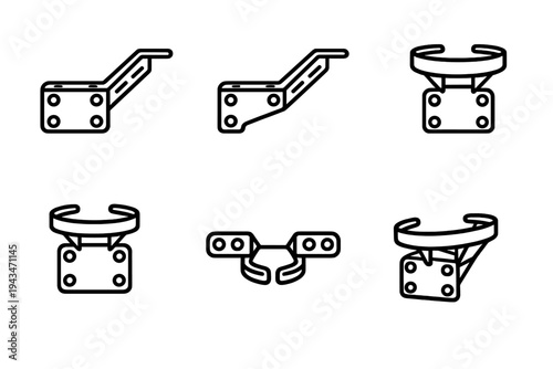 A technical line drawing illustration showing six different orthographic and perspective views of a mechanical mounting bracket component for engineering and industrial design purposes.
