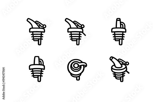 A collection of six minimalist white line drawings on a black background depicting a small character in various expressive poses, dynamic action stances, and playful gestures for design.