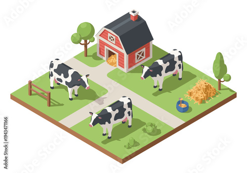 Isometric farm scene with cows, barn, and hay, representing rural life and agriculture