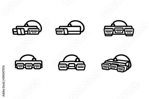 Six different line art icons of portable radio boomboxes are displayed. Each icon features a handle and various control buttons, shown in a simple black and white design.