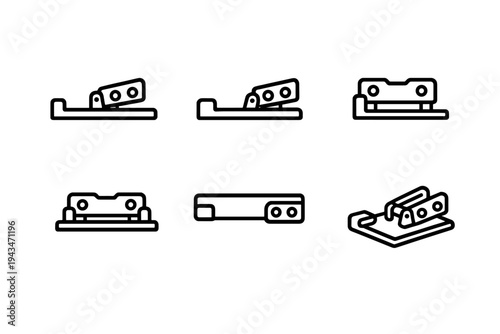 A collection of six minimalist line icons depicting a hole puncher from various angles, including side, front, and isometric perspectives on a black background.