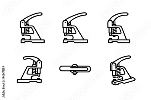 A collection of technical line art illustrations showing different views of a manual hand press machine used for grommets or snaps. The icons are presented in a black and white grid.