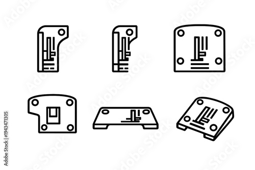Six technical line art illustrations showing various angles and views of a mechanical part, featuring orthographic and perspective projections on a solid black background.
