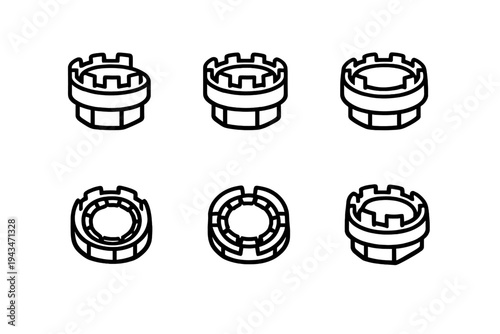 This monochrome illustration displays six variations of a slotted castle nut fastener in a technical line art style. The black and white graphic highlights mechanical hardware components.