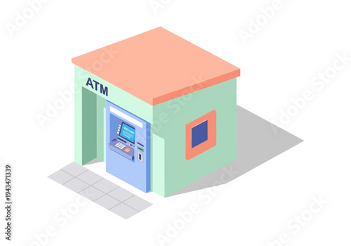 Isometric illustration of a modern ATM machine building with a clean design and pastel colors