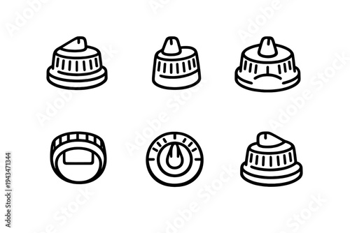 A collection of six minimalist line icons depicting various control knobs and dials for household appliances, shown from different angles on a solid black background.