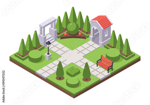 Isometric park scene with architectural elements and lush greenery
