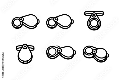 A set of six minimalist line icons depicting a jeweler's loupe in various open and closed positions. The white outlines are presented on a solid black background for high contrast.