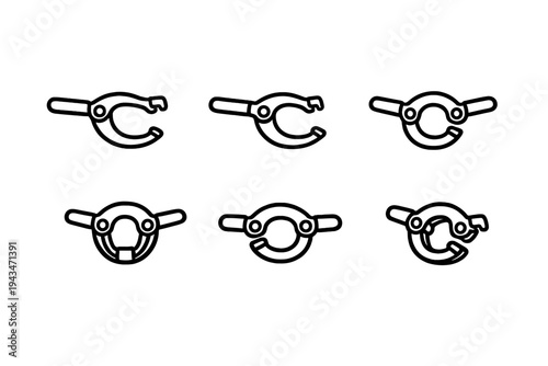 A collection of six black and white line art icons representing mechanical clamps or circular hinges with handles, shown in various states of opening and closing on a dark background.