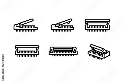 Six black and white line icons showing different designs of hand brushes or scrub brushes with handles and bristles, suitable for cleaning or hygiene related concepts.
