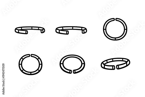 Six black and white line drawings of a simple open-ended circular band or cuff bracelet displayed from multiple angles including top, side, and perspective views.