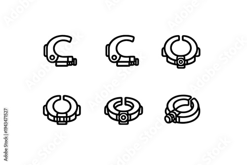 This set includes six black line icons of industrial clamps and circular fasteners. Each icon represents a different perspective of a mechanical ring with a locking bolt or lever.