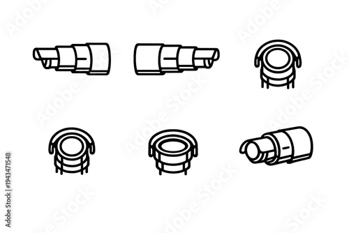 A set of six technical line art illustrations displaying orthographic and isometric views of a cylindrical mechanical part or lens assembly from multiple perspectives.