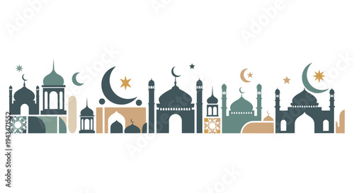 Islamic architecture silhouette with mosque domes and crescent moons.